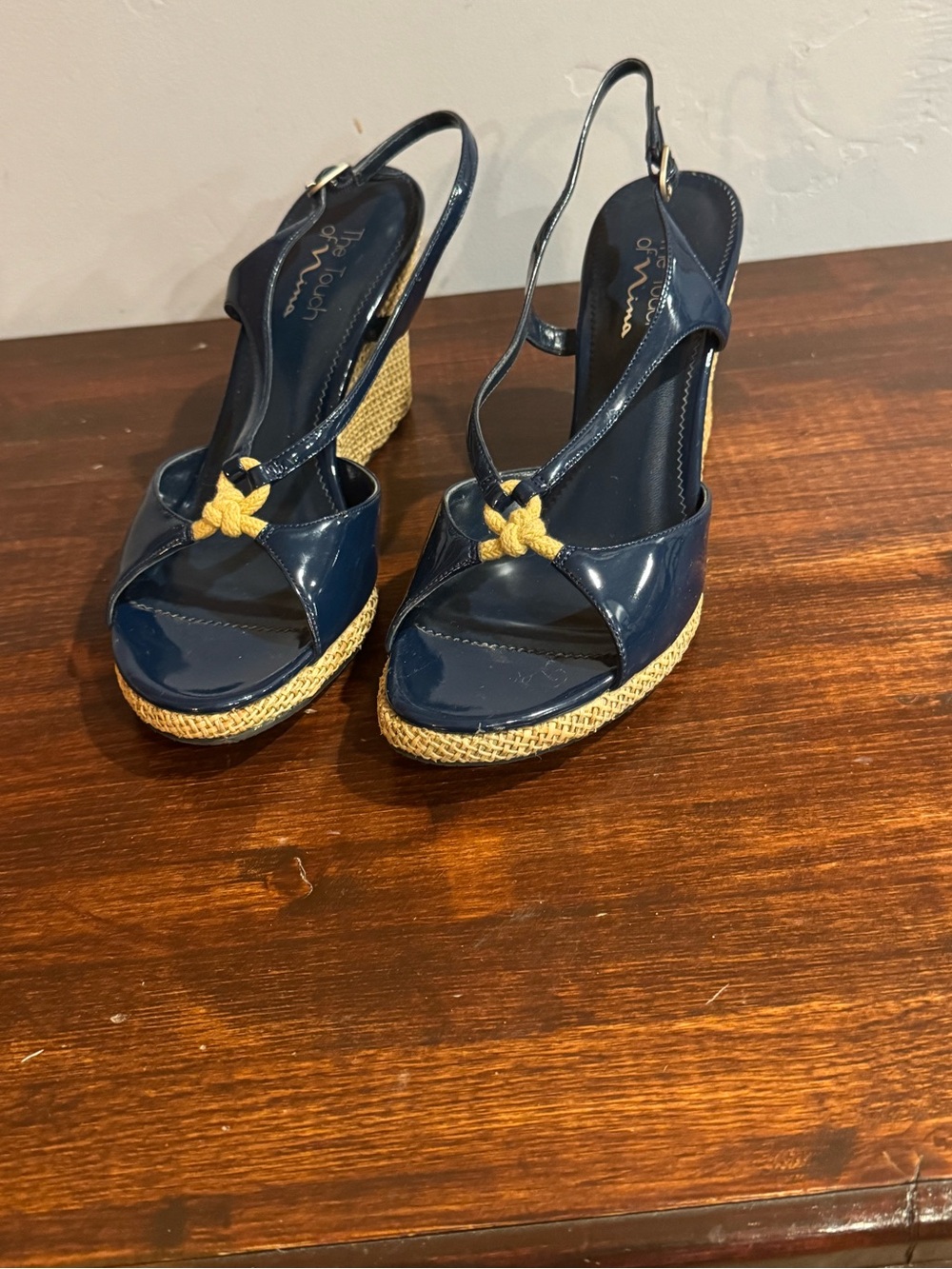 EUC Touch of Nina Navy Patent Wedge Sandals with Tan Rope Knot